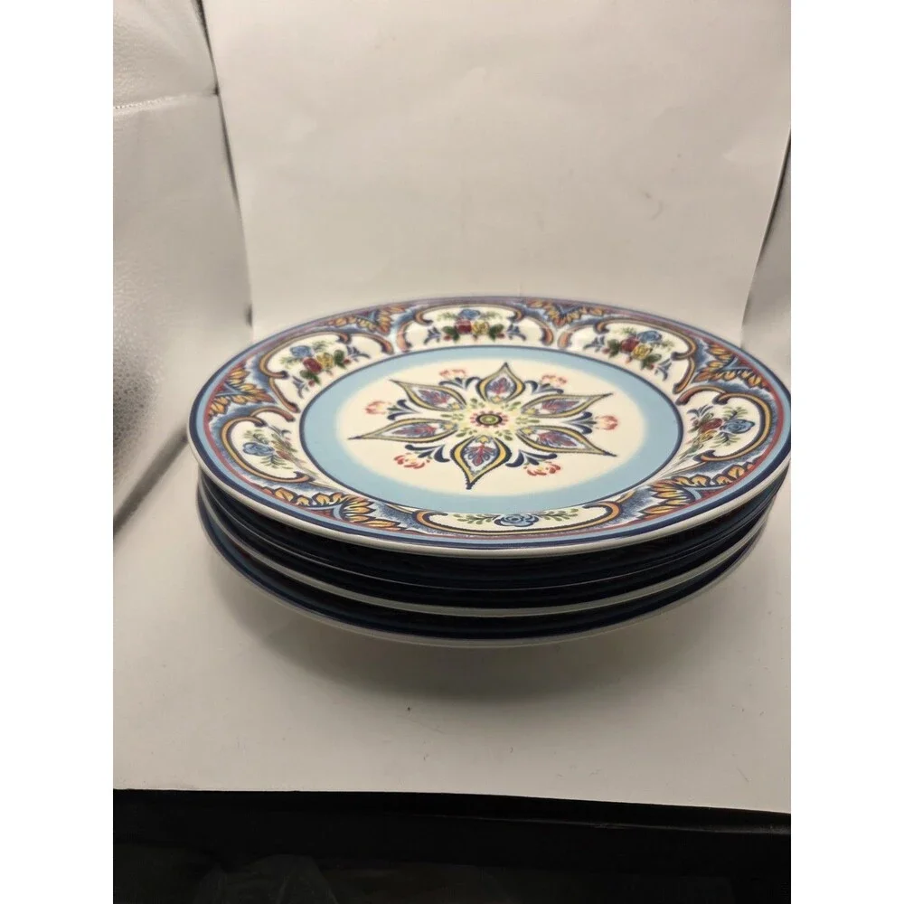 Set of 4 Euro Ceramica Zanzibar 11” Round Dinner Plates Floral Roses Ceramic